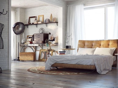 interesująca i oryginalna sypialnia w lofcie - utrzymana w industrialnym stylu z drewnianymi i metalowymi dekoracjami w brązowych odcieniach, które dobrze prezentują się na tle białej ściany z...