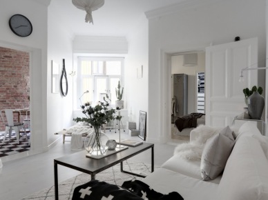 Biały salon z czarnymi dodatkami w skandynawskim stylu (51540)