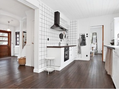 Biała kwadratowa płytka z czarnymi spoinami na ścianie kuchennej z czarnym okapem, brązowa ciemna podłoga z desek na podłodze w białej kuchni (27873)
