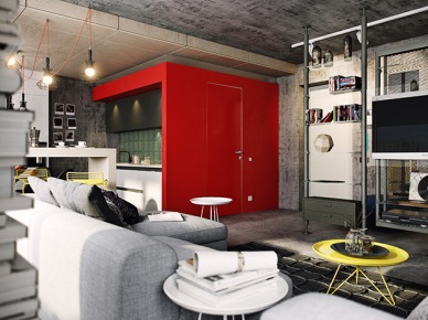 Otwarta przestrzeń loftu z betonowymi ścianami i czerwono-szarą kuchnią (25124)