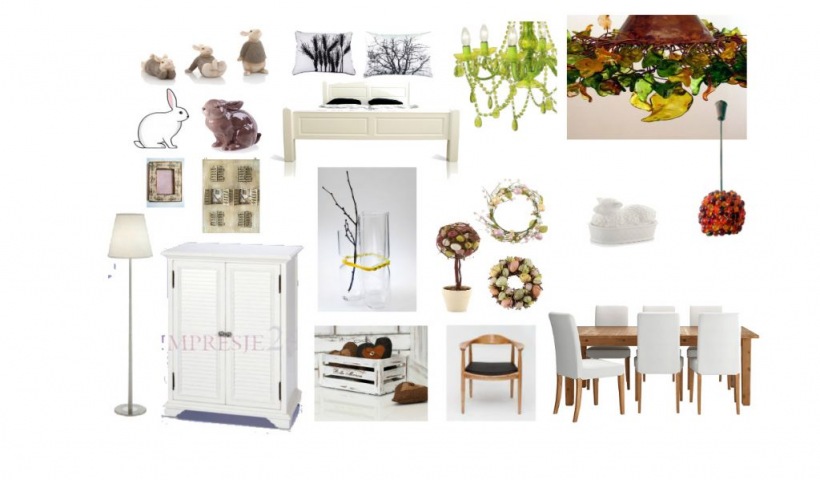 Stół z krzesłami,bielone drewno,białe meble,szklane żyrandole,zielony żyrandol,brązowy żyrandol,wianki wielkanocne,ozdoby wielkanocne,białe łóżko,szklane wazony,meble i dekoracje do salonu,styl skandynawski,styl rustykalny,drewniane belki
