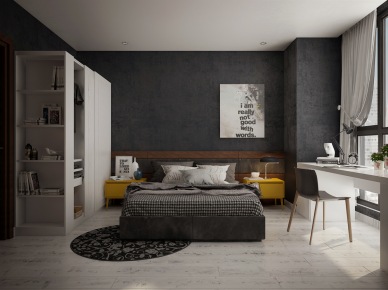 Czarna ściana w sypialni z białymi szafami,bieloną podłogą i nowoczesnym biurkiem przy oknie (27439)