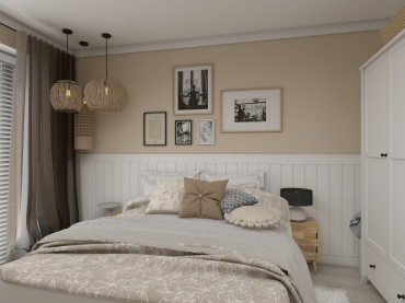 Pastelowe kolory w sypialni nadają jej bardzo łagodny klimat. Sztukateria na ścianie pełni funkcję dekoracyjną,...