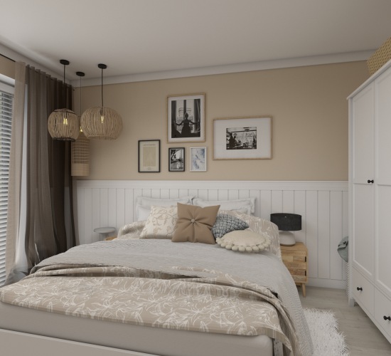 Pastelowa sypialni ze sztukaterią za łóżkiem