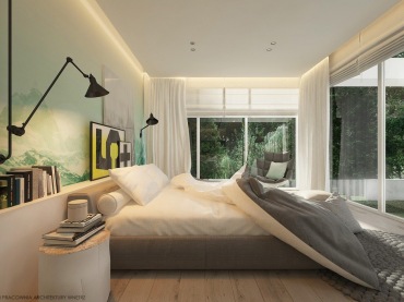 W sypialni atutem są duże okna, które podkreślają jej nowoczesny charakter i w naturalny sposób rozświetlają wnętrze....