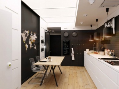 Czarne ściany w białej kuchni z drewnianą podłogą (20845)