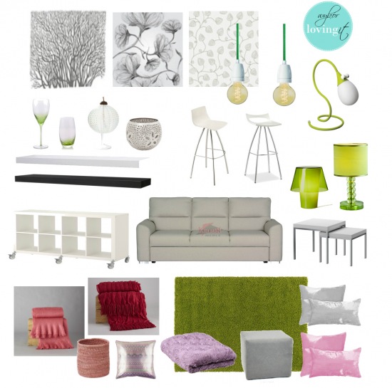 Biało-różowo-szare wnętrze,nowoczesny styl małego mieszkania,szaro-białe fototapety,folie na szkło,żarówki na zielonym kablu,zielone lampy,szara sofa,białe półki,czarna półka,fioletowe poduszki,rózowe detale,limonkowe kolory we wnetrza