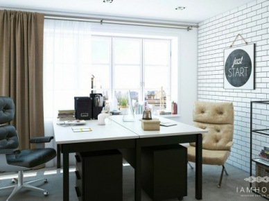 Podwójne biurko,skórzane fotele biurowe,ściana z białej cegły i lniane zasłony (26893)