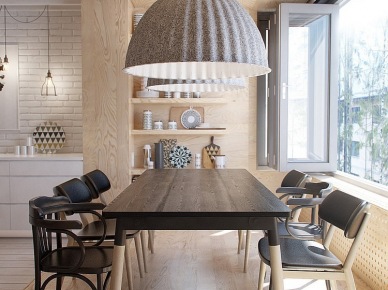 Skandynawski drewniany stół z czarnym blatem,wyplatane lampy,drewniana zabudowa z półkami w aranżacji skandynawskiej jadalni (24802)