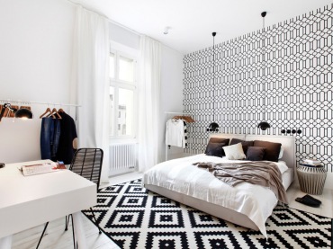 Niezwykle ciekawa aranżacja sypialni, która bazuje na nowoczesnym geometrycznym wzorze, skandynawskiej funkcjonalności...