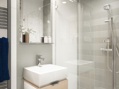 Paktyczna mała łazienka z głęboka prostokatną umywalką,kabiną z natryskiem w biało-szarym kolorze (26030)
