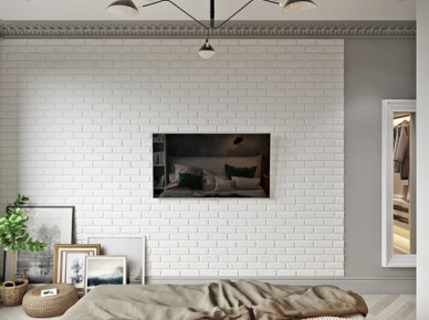 Białe cegły na ścianie telewizyjnej w sypialni (53902)