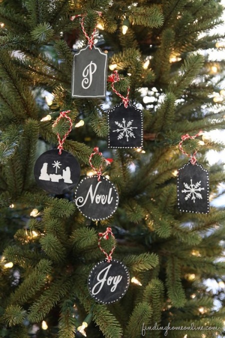 Czarne dekoracje świąteczne  z tablicową farbą na choince
