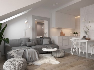 Projekt nowoczesnego mieszkania na poddaszu w biało-szarej palecie barw