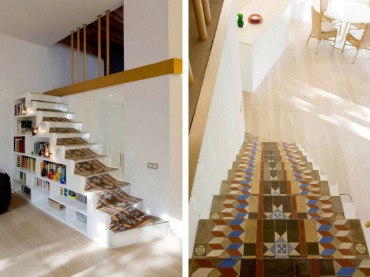 dobry pomysł na praktyczne schody - tu zrobiono schowki, półki na dwie strony schodów oddzielone ażurową ścianką - ...