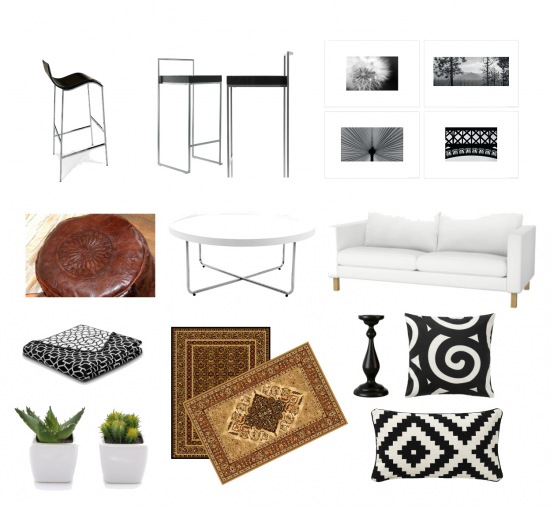 Dizajnerskie hokery,czarne hokery,skórzana pufa,orientalna pufa,brązowa pufa,wełniane dywany,orientalne dywany,klasyczne dywany,nowoczesna biała sofa,sofa w tkaninie,okrągły stolik kawowy,nowoczesny stolik kawowy,czarno-białe dekoracje,czarno-