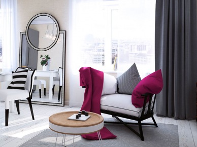 Duże stojące lustro w salonie,okrągłe nowoczesne stoliki kawowe na metalowych podporach,drewniany fotel z pledem i poduchą w kolorze fuksji i szare zasłony w eklektycznym salonie (27091)