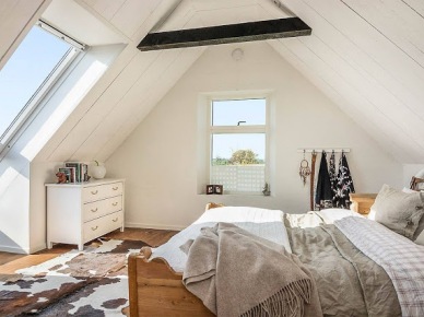 Biała sypialnia pod skośnym dachem,dywana ze skóry bydlęcej,biała komoda i drewniane łóżko (28624)