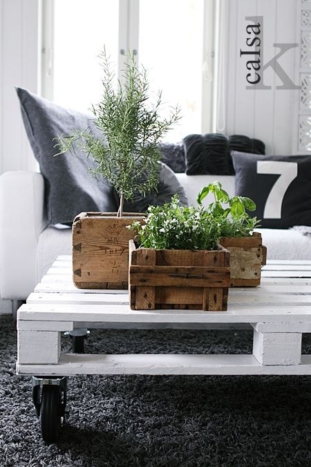 Biały stolik z palety na kólkach i drewniane skrzynki z roślinami w biało-szarym salonie