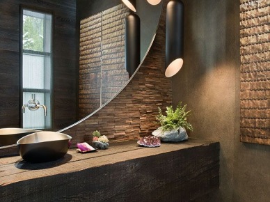 Aranżacja nowoczesnej łazienki z rustykalnymi elementami w ciemnym kolorze (47575)