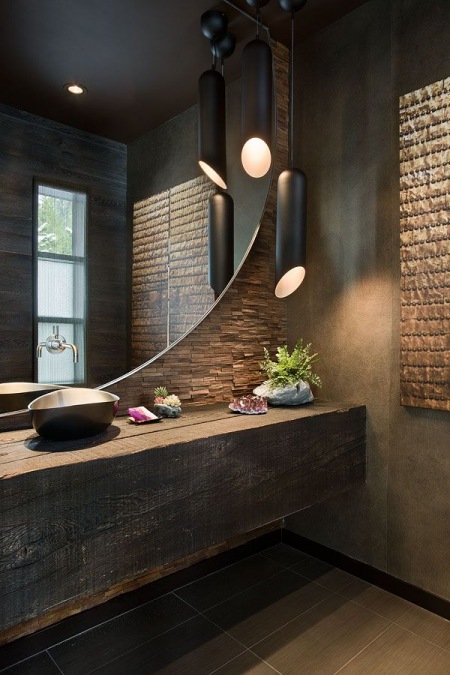 Aranżacja nowoczesnej łazienki z rustykalnymi elementami w ciemnym kolorze