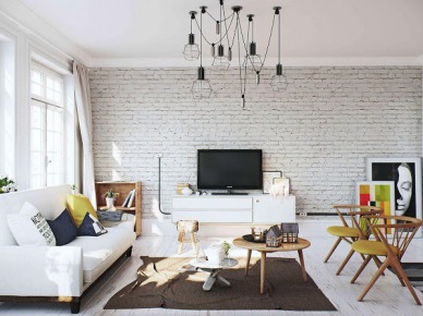 Biała cegła na ścianie w salonie,biała sofa,druciane lampy na wiszących czarnych kablach (48105)