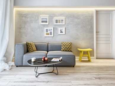 Polska aranżacja mieszkania w stylu skandynawskim o eleganckim wykończeniu z oryginalnymi żółtymi dodatkami