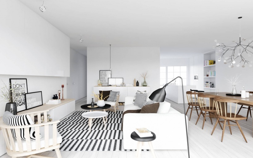 Skandynawski salon w otwartym widoku z jadalnią z detalami z drewna i paskami w czarno-białym kolorze