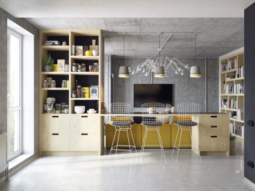 Jasny odcień drewnianych mebli przełamuje surowość kuchni i salonu, w których dominuje kolor betonu. Jednocześnie...