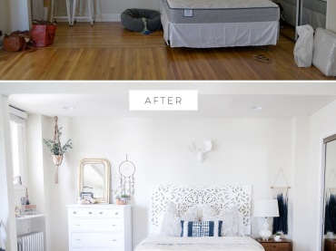 Sypialnia na pierwszym zdjęciu mogłaby należeć do każdego – standardowe sprzęty: duże, proste łóżko, garderoba z...