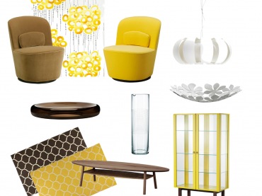 Żółte meble,żóy fotel,żółte tkaniny,żółty dywan,brązowe dekoracje,brązowy fotel,orzechowy stolik,stolik elipsa,drewniane meble,biały,nowoczesny żyrandol,kwiatowe miski,naczynia,dekoracje,meble z IKEI (33827)