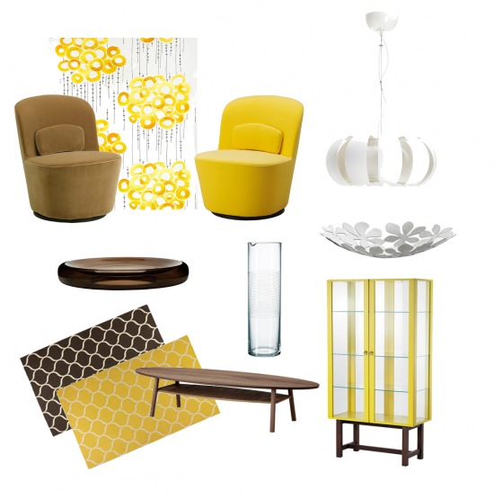 Żółte meble,żóy fotel,żółte tkaniny,żółty dywan,brązowe dekoracje,brązowy fotel,orzechowy stolik,stolik elipsa,drewniane meble,biały,nowoczesny żyrandol,kwiatowe miski,naczynia,dekoracje,meble z IKEI