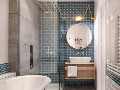 Szara a`la beton i turkusowa płytka na ścianie w łazience z okrągłym lustrem   i drewnianą szafka pod umywalką (24814)