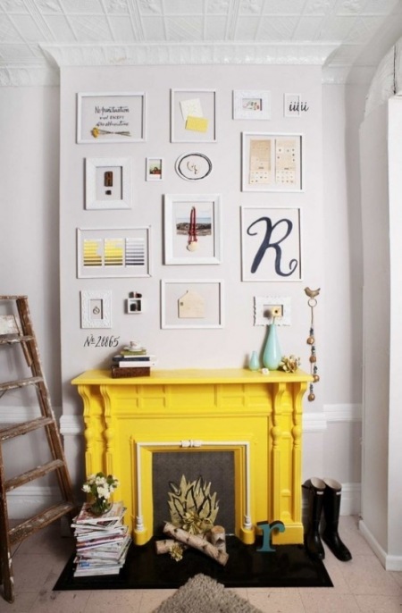 Żółty kominek,żółty kolor we wnętrzach,żółty kolor na scianie,żółte akcenty w mieszkaniu,jak dekorować dom w żółtym kolorze,jak używać żółtego koloru,żółte dekoracje i dodatki do wnętrz,co pasuje do żółtego koloru,żółt