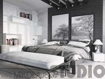 Monochromatyczny wystrój sypialni wzbogacają dużych rozmiarów dekoracje, np. wiszące nad łóżkiem obrazy. Naturalny...