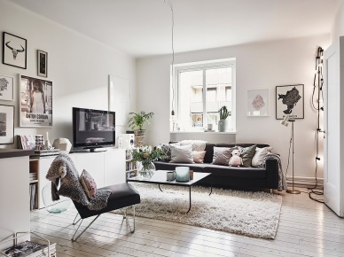 Mały salon w stylu skandynawskim,girlanda z żarówkami,białe szafki pod telewizor,puszysty dywan shaggy (47738)