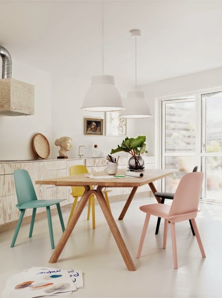 Białe lampy wiszące pendant,drewniany skandynawski stół,żółte, różowe i mietowe krzesła w kuchni