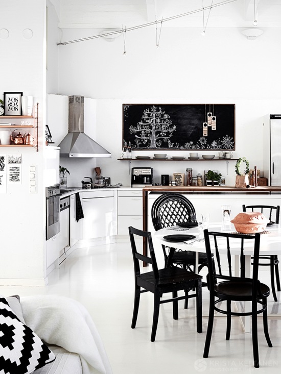 Biało-czarna dekoracja kuchni w stylu skandynawskim
