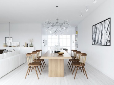 Drewniany stół z krzesłami w białym wnętrzu (26662)