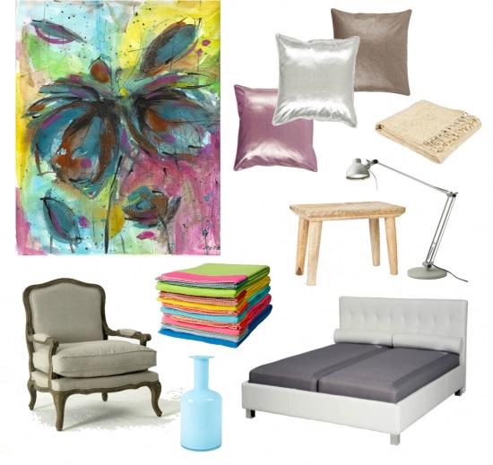 Letnia akwarela, prowansalski fotel,białe,tapicerowane łóżko,turkusowa butla,wrzosowa,beżowa,srebrna poduszka,różowa,pomarańczowa narzuta