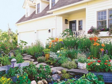 jak zaaranżować wejście do domu ? to propozycja ogródka kwiatowego przed frontem domu - kwiaty we wszystkich kolorach i...