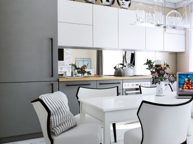 Biało-szara nowoczesna kuchnia z lustrzaną ścianą między szafkami,patynowana biała podłoga z desek,biały prostokątny stół i białe foteliki z czarnymi nóżkami i lamówkami (27086)