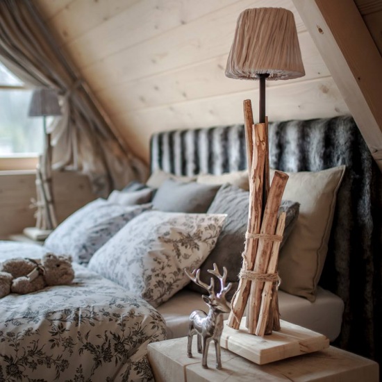 Oryginalna lampka nocna z drewna w sypialni