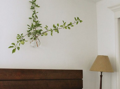 Wiszący wazon z zieloną rośliną nad łóżkiem z drewnianym wezgłowiem z desek (20898)