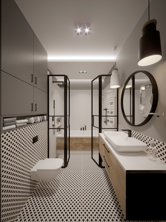 Aranżacja prostokątnej łazienki z czarnymi dodatkami