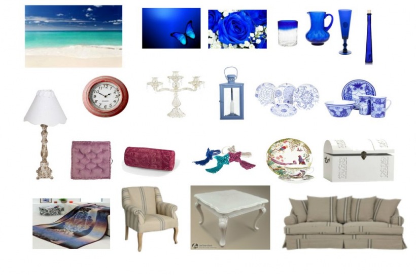 Różowy zegar,biały świecznik,różowe siedziska,niebieska latarenka,niebieski lampion,skandynawski lampion,małe mieszkanie,białe meble,stół ze szklanym blatem,biała sofa,tapicerka w pasy,jasne meble,fotel biały w niebieskie paski,niebieskie
