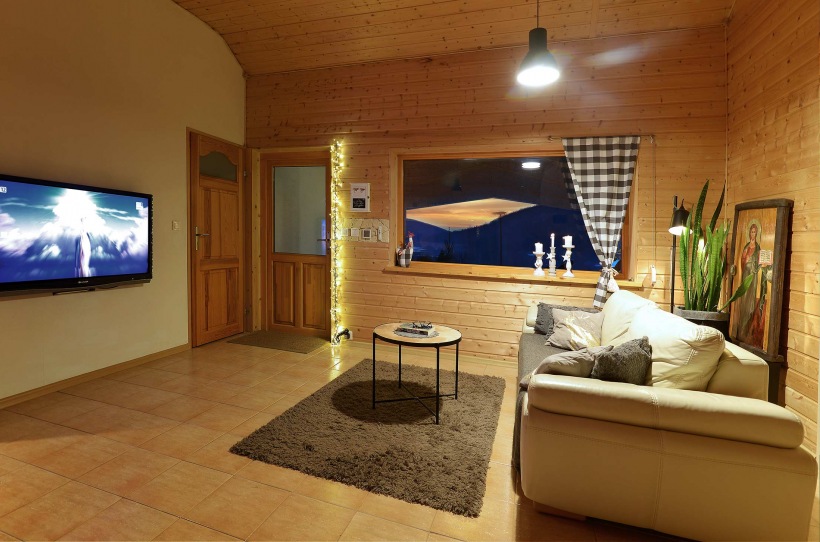 Salon z drewnianymi ścianami i sufitem