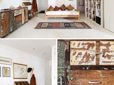 Meble vintage i orientaly dywan w aranżacji bialego salonu (23462)