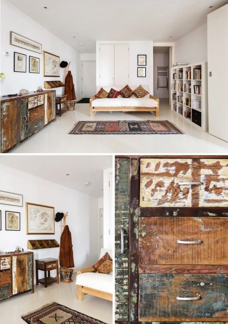 Meble vintage i orientaly dywan w aranżacji bialego salonu