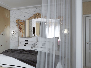 Łóżko na drewnianym podeście z szufladami we wnęce w otwartym salonie ze ścianą z białej cegły i barokowym dużym lustrem nad wezgłowiem łóżka (27093)